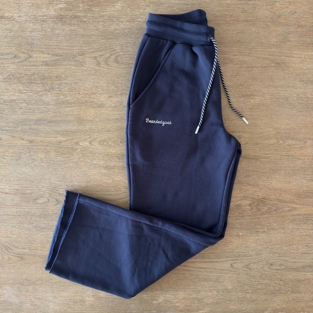 Beardedgoat Women's Overnight Navy Sweatpants-Wide Leg-Raw Hem-Heavyweight-Sz Sm